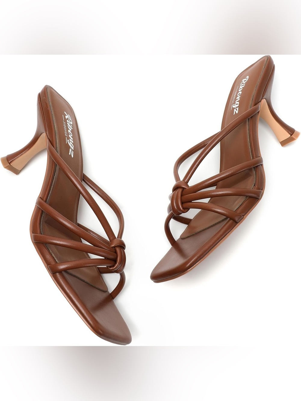 Strappy Knot Mid-Heel Slide Sandals in Brown